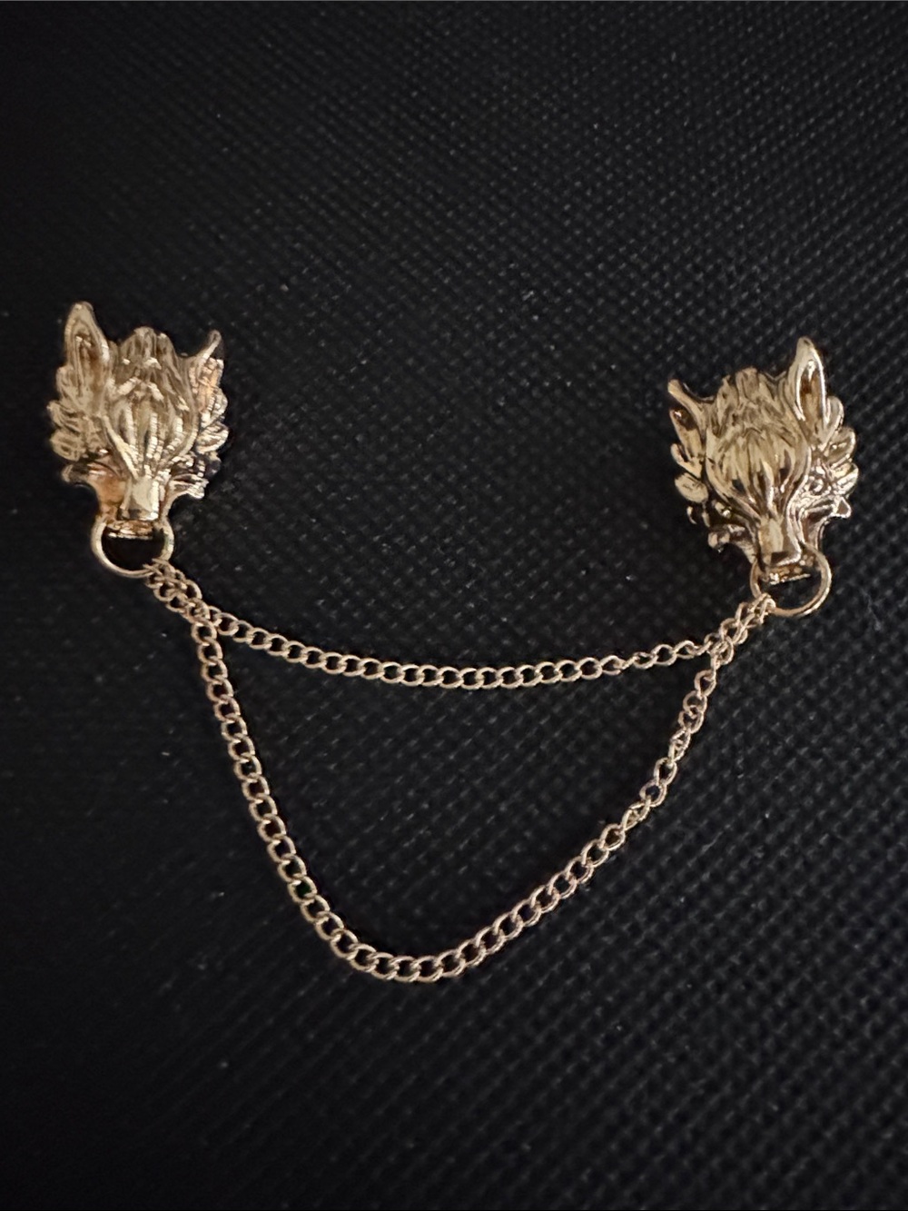 Gold tone Wolf Head Double Chain blouse pins